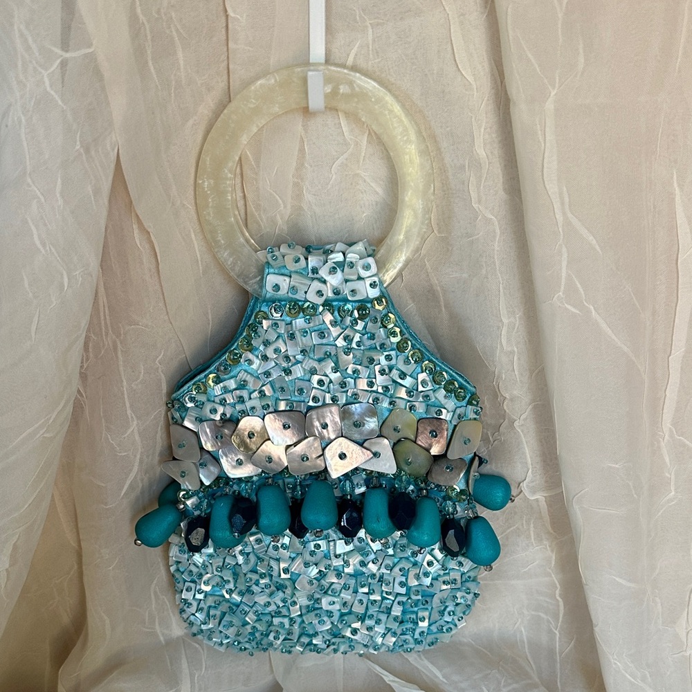 blue wood shell purse bag lucite handle